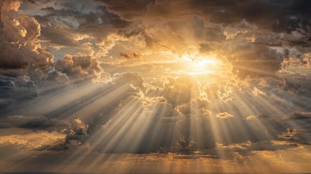 Godlike sun rays shining through heavenly clouds at golden hour