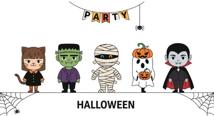 Naklejka premium Diverse group of cute Halloween characters including a cat girl, Frankenstein, mummy, ghost, and vampire at a party.