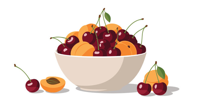 Large white bowl filled with ripe dark cherries and orange apricots for a healthy summer fruit snack on a white background.