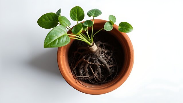 constriction. A root-bound plant in a terracotta pot, roots circling inside, top-down view. gardening catalogs, home-decor guides, designed for gardening and botanical catalogs.