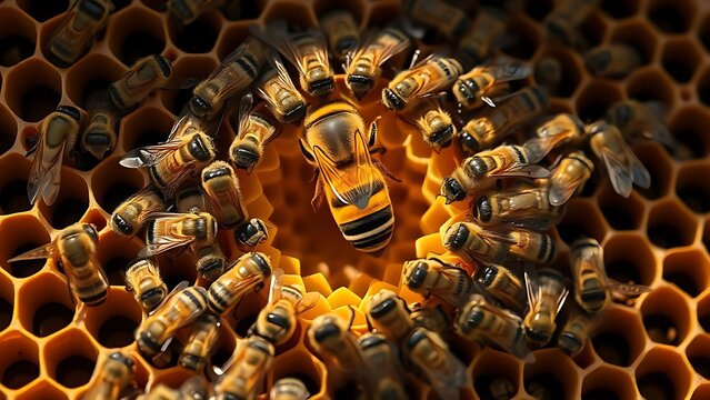 diploid. A queen bee surrounded by worker bees in a honeycomb during golden hour. wildlife magazines, conservation campaigns, designed for nature documentaries and education.
