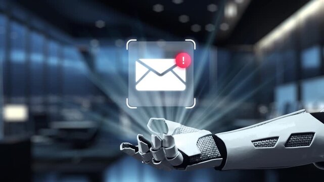 Futuristic robotic hand holding digital mail icon with floating interface screens representing communication and technology in a modern workspace. Auvana