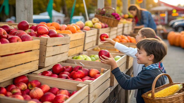 kids hands selecting fresh red apples from wooden Picsart AiImage Enhancer. ai generated