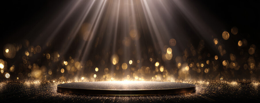 Golden spotlight stage luxury light background glitter bokeh glow award ceremony podium empty showcase platform elegant studio illumination