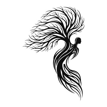 A black and white illustration of a tree with a woman's face