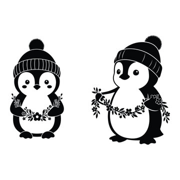 Two penguins wearing winter hats and holding flowers