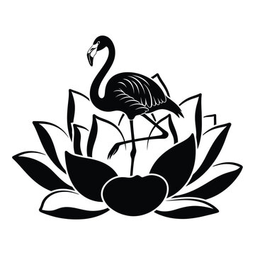 Black and white illustration of flamingo standing on a lotus flower