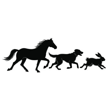 Silhouette of a horse dog and rabbit running together in a line