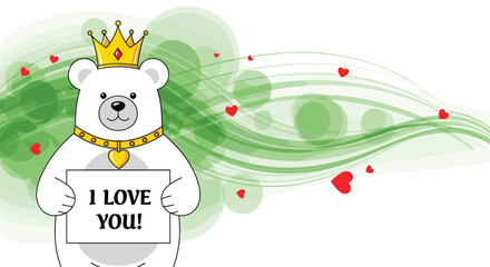 Naklejka premium Royal polar bear wearing a golden crown and necklace holds a sign with an i love you message on a green abstract background for valentine.