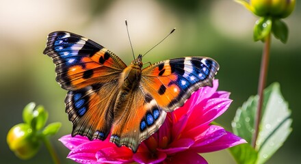 Obraz premium Beautiful butterfly with colorful wings resting on pink flower