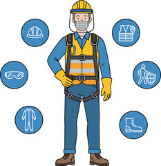Construction worker wearing full personal protective equipment including helmet, safety vest, gloves and boots, workplace safety gear concept, industrial protection vector illustration © SAIFUL