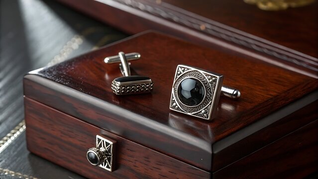 Elegant Black Gemstone Cufflinks and Tie Tack Set on Wood
