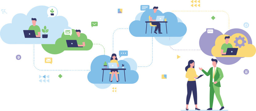 Cloud computing teamwork concept with people using laptops connected through digital cloud network, remote collaboration, online communication and modern technology workflow vector illustration