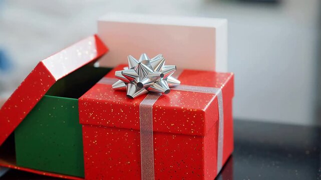 Red gift box with silver bow being opened