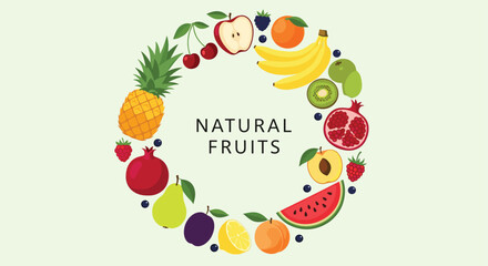 Obraz premium Circular frame of various natural fruits surrounds the text natural fruits on a light green background for organic food and health themes.