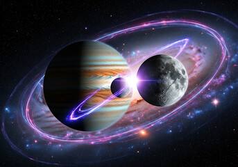 Fototapeta premium Interstellar Conflict Echoes - Cosmic Dance of Planets, Gravitational Tension & Collision Metaphor 