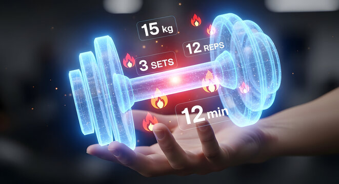 Holographic dumbbell with workout stats held in hand futuristic fitness concept