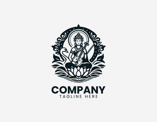 Seated female deity playing classical instrument on lotus with swan in clean modern cultural vector illustration