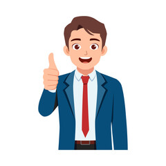 Smiling young man in a business suit gives a cheerful thumbs up gesture showing approval and success