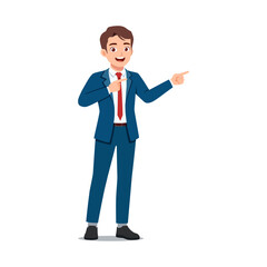 Fototapeta premium Cheerful Asian Businessman Smiling Pointing Right with Both Hands Happy Professional Man Guiding Forward