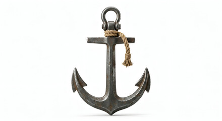 A rusty old anchor with a rope isolated on white background nautical symbol