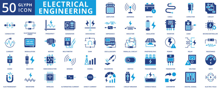 electrical engineering icon pack contains microcontroller, electromotive force, modulation, ohm, multimeter, oscilloscope, inductor, impedance, antenna, battery, cable, capacitor, amplifier