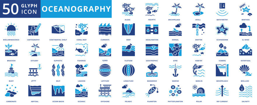 oceanography icon pack contains abyssal, mesopelagic, marlin, algae, mangrove, aquatic, cartography, flotsam, geostrophic, gyre, habitat, iceberg, intertidal, jetty, fishing, echinoderm