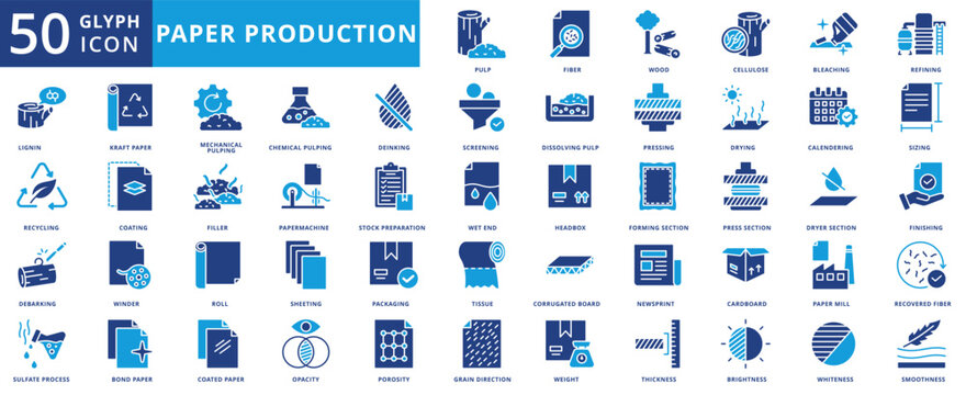 paper production icon pack contains corrugated board, newsprint, cardboard, paper mill, recovered fiber, cellulose, grain direction, bleaching, lignin, deinking, filler, pressing, headbox