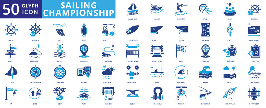 sailing championship icon pack contains boom vang, bow, regatta, bowsprit, sailboat, yacht, race, crew, skipper, helm, mast, sail, jib, rudder, furl, gybe