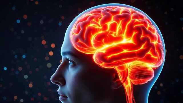 Human brain with glowing neural activity