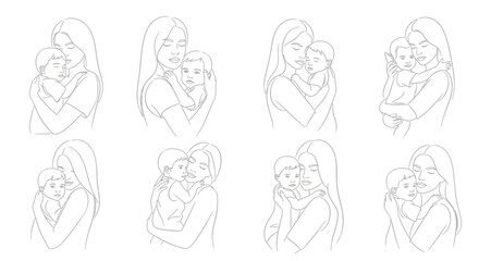 Line art depictions of mothers and babies perfect for design on transparent background silhouette
