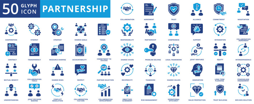 partnership icon pack illustration contains teamwork, operational efficiency, value proposition, trust building, win win solution, joint decision making, conflict resolution, legal framework