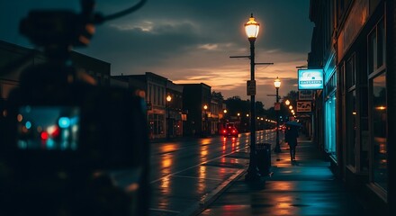 Obraz premium Dusk photograph capturing street scene with lamposts reflecting on wet pavement. A blurred camera records the moment, with a solitary figure under an umbrella