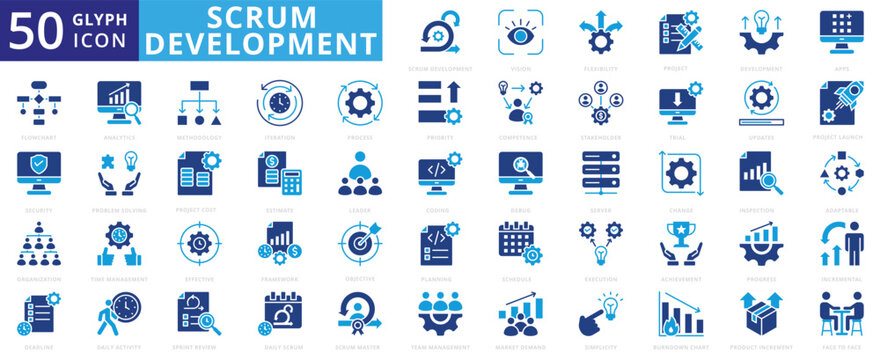 scrum development icon pack contains collaboration, daily activity, market demand, burndown chart, face to face, adaptable, server, coding, debug, scrum master, agile, methodology, tools