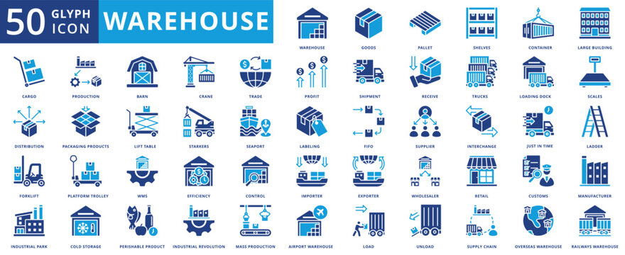warehouse icon pack contains industrial park, large building, perishable product, platform trolley, just in time, loading dock, cold storage, mass production, wholesaler, importer, container