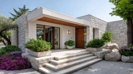 Fototapeta premium Modern luxury villa entrance with stone facade and garden