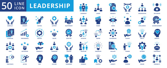 Plakat leadership icon pack contains passionate, literature, pioneer, organization, delegation, accomplishment, honesty, follower, empathy, confidence, concept, generosity, initiative
