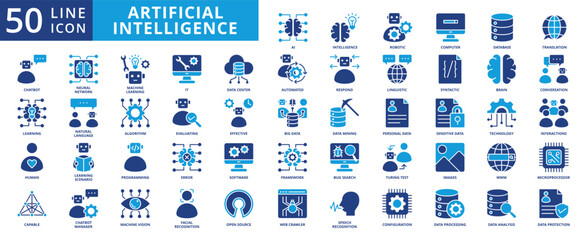 artificial technology ai icon pack contains information technology, natural language, learning scenario, syntactic, linguistic, turing test, machine learning, open source, data center