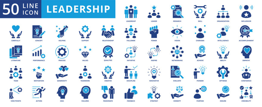 leadership icon pack contains passionate, literature, pioneer, organization, delegation, accomplishment, honesty, follower, empathy, confidence, concept, generosity, initiative