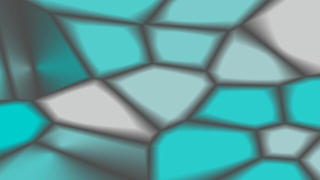 Animated abstract Voronoi cells pattern in teal and gray colors creating futuristic geometric design with smooth transitions and shadows