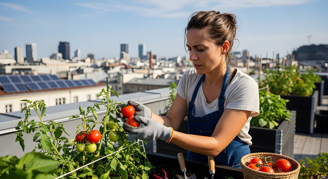 woman harvesting tomatoes on rooftop garden city skyline background sustainable urban farming concept