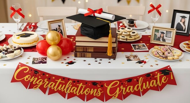 Graduation celebration table with diploma cake gifts