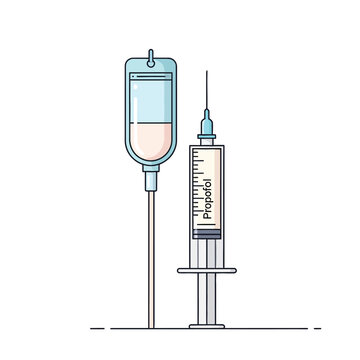 Illustration of an intravenous drip bag and a syringe labeled Propofol, symbolizing medical treatment and anesthesia