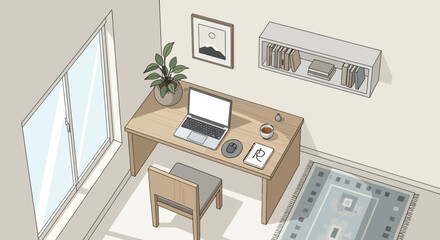 Fototapeta premium Cozy Home Office Setup with Laptop, Coffee, and Plant - Minimalist Workspace