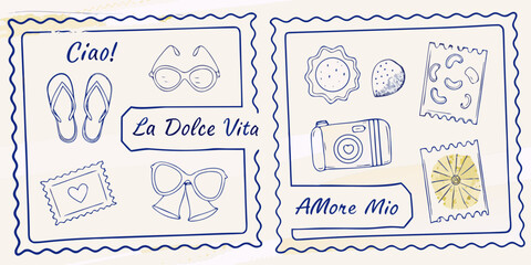 Sketch style postcards depict italian summer vacation items and phrases © Gita