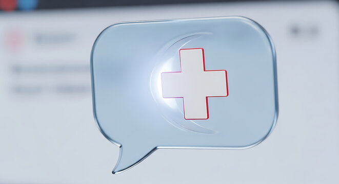 glowing red cross in a translucent speech bubble over a blurred digital interface symbolizing telehealth and online medical support.