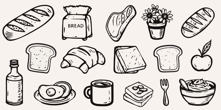 A collection of hand drawn bakery items breakfast foods and kitchen objects