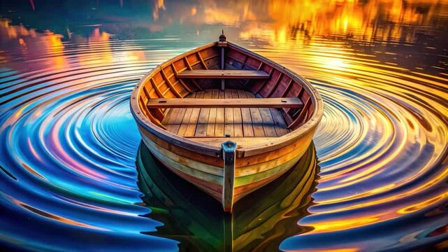 Wooden rowboat on shimmering, colorful water with mesmerizing ripples