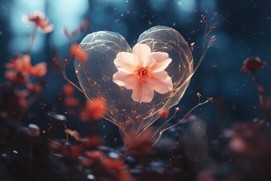 Large flowers in the shape of a heart on a blurred abstract background.