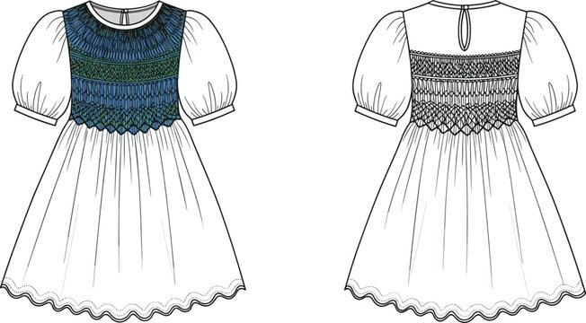 Girl&rsquo;s puff sleeve dress fashion illustration with smocked bodice, scalloped hemline, round neckline, keyhole back, front and back technical view